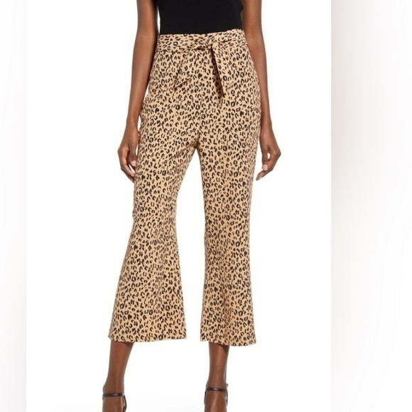 LEITH Nordstrom Animal Print Wide Leg Tie Front Crop High Rise Waist Pants 3X - Picture 1 of 15